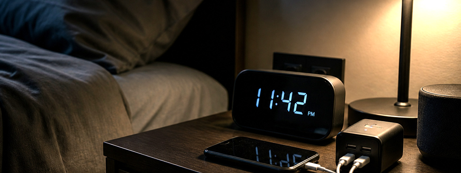 checking bedroom for hidden cameras near bedside clock and charger